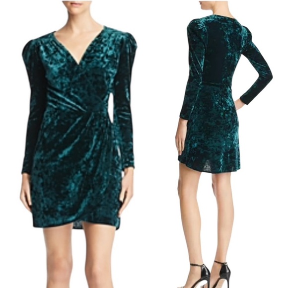 AQUA Velvet Faux Wrap Mini Dress Green Size S NWT - Picture 1 of 8